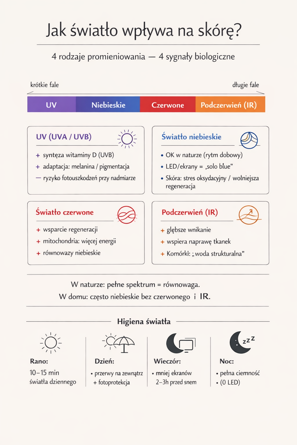 infografika opisująca wpływ światła na skórę